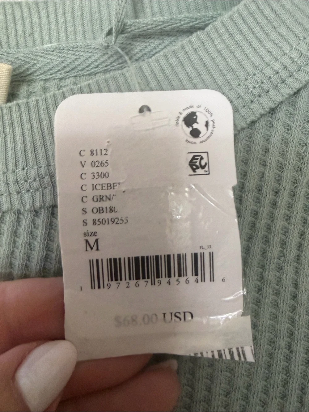 NWT Free People iceberg Green Ribbed Crewneck M
